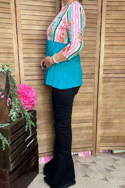 Striped & floral printed & turquoise color block 3/4 sleeves GJQ9144