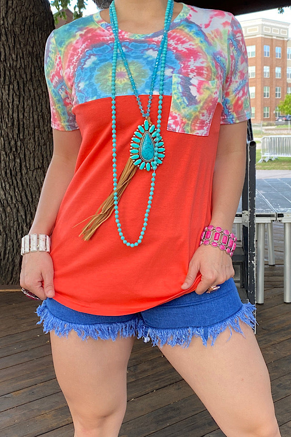 GJQ9208  Orange/multi color tie dye short sleeve top w front pocket