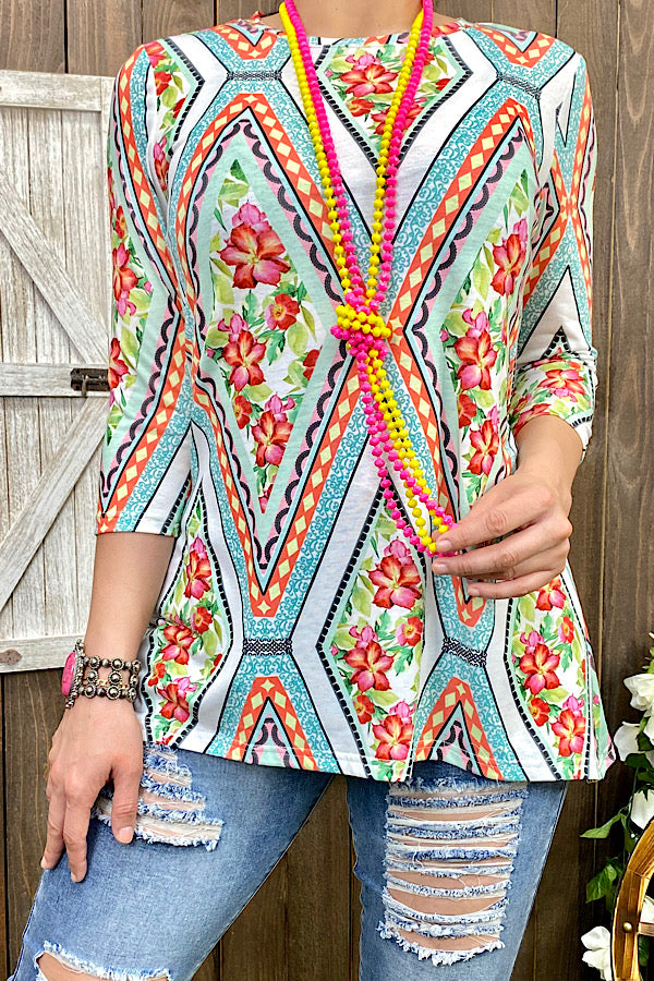 GJQ9357 Aztec/floral printed 3/4 sleeve blouse