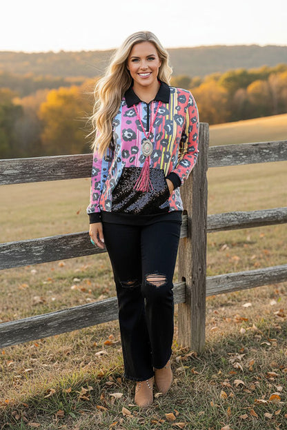 Western leopard sequin pocket women's boutique top GJQ9582