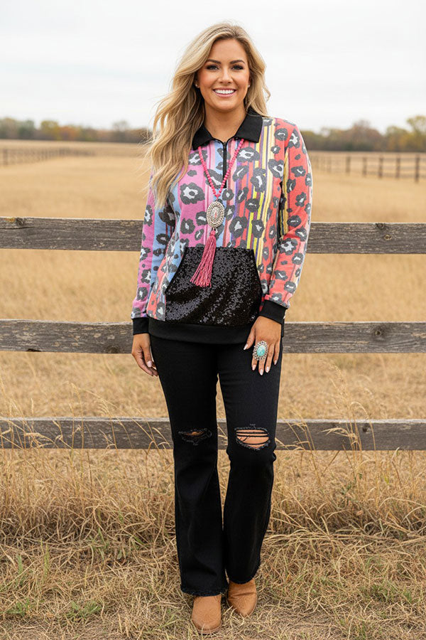 Western leopard sequin pocket women's boutique top GJQ9582