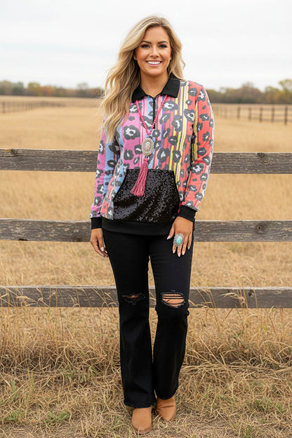 Western leopard sequin pocket women's boutique top GJQ9582