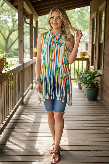Western striped & cactus women's boutique tank top w/fringe tassels GJQ9702