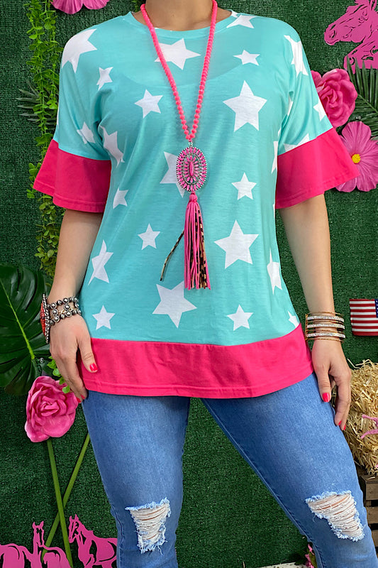 GJQ9799-2 Tiffany blue top w/white stars print & pink sleeve trim