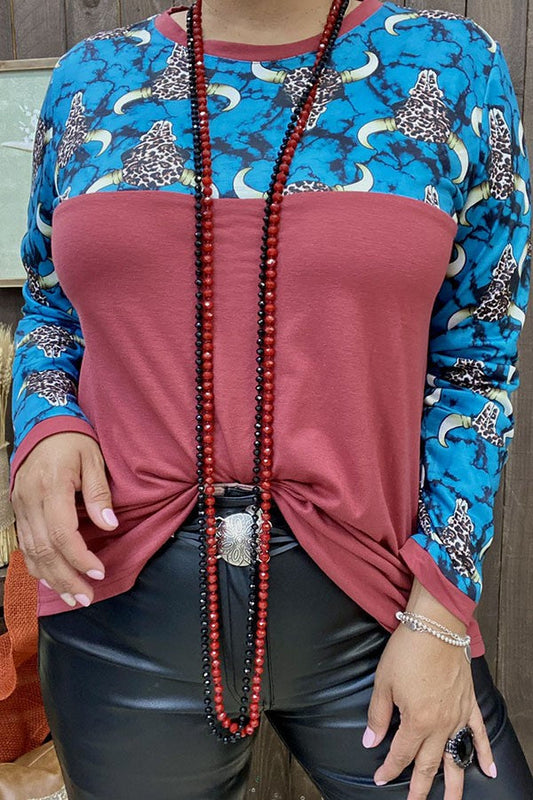 Leopard bull head printed & rust red long sleeve women top GJQ9883