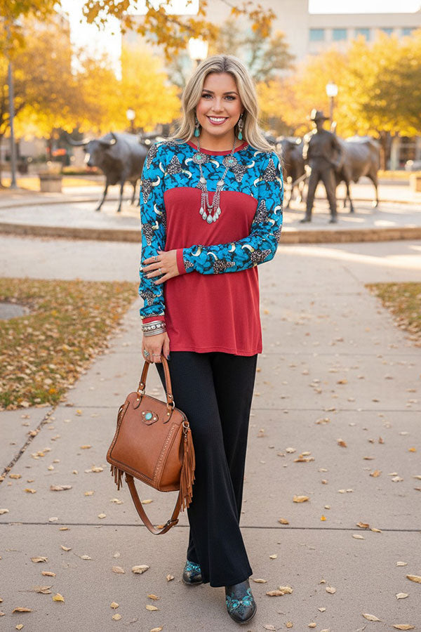 Leopard bull head printed & rust red long sleeve women top GJQ9883