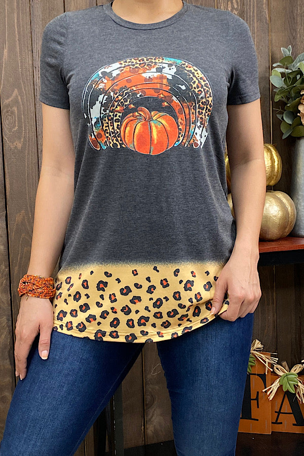 Grey Pumpkin & leopard printed short sleeve top