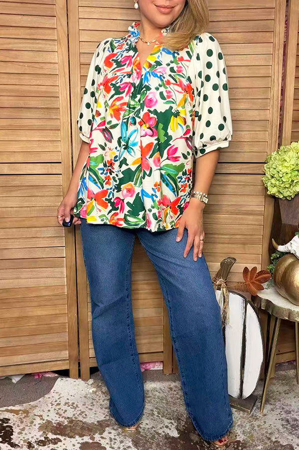 Trendy floral printed & green polka dots puff sleeve women's boutique top Southern Stitch HQ17392