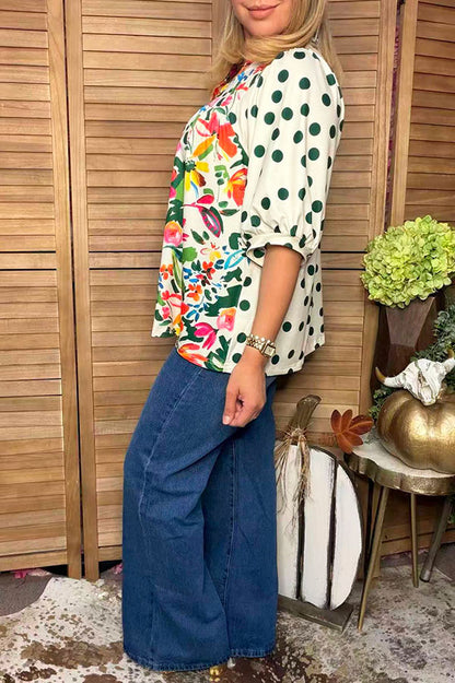 Trendy floral printed & green polka dots puff sleeve women's boutique top Southern Stitch HQ17392