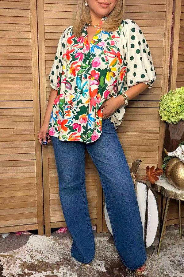 Trendy floral printed & green polka dots puff sleeve women's boutique top Southern Stitch HQ17392