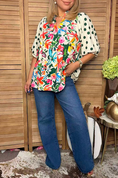Trendy floral printed & green polka dots puff sleeve women's boutique top Southern Stitch HQ17392