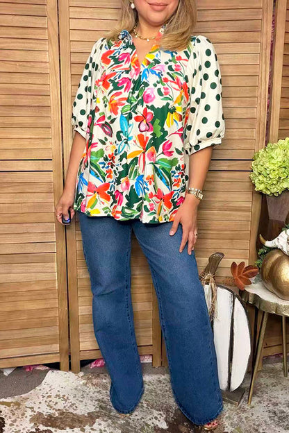 Trendy floral printed & green polka dots puff sleeve women's boutique top Southern Stitch HQ17392