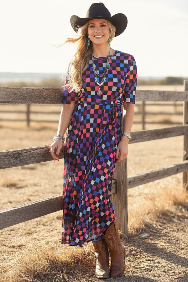 Western multi color checkered sheer maxi women boutique dress Southern Stitch HQ17577