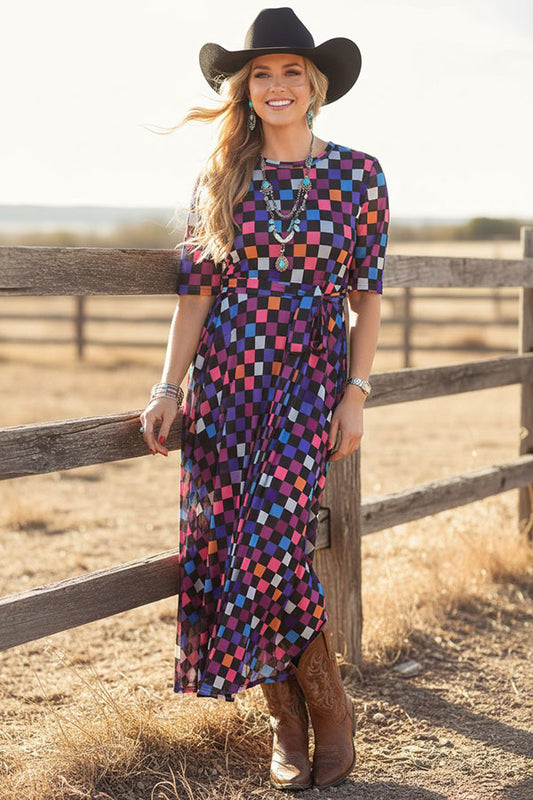Western multi color checkered sheer maxi women boutique dress Southern Stitch HQ17577