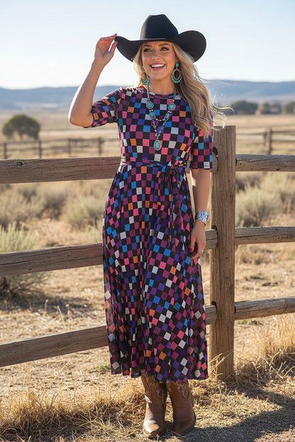 Western multi color checkered sheer maxi women boutique dress Southern Stitch HQ17577