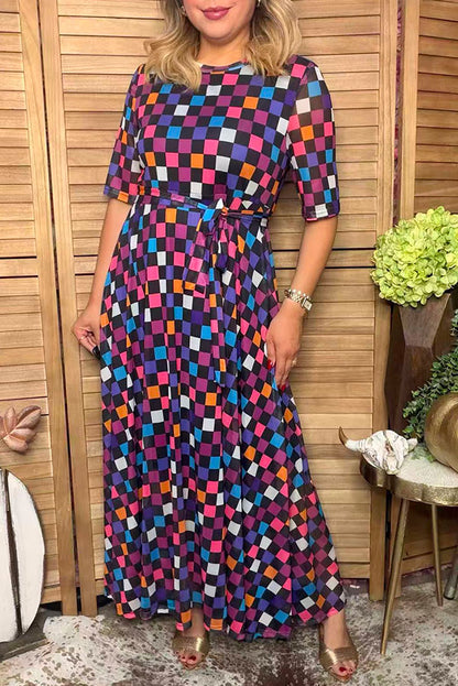 Western multi color checkered sheer maxi women boutique dress Southern Stitch HQ17577
