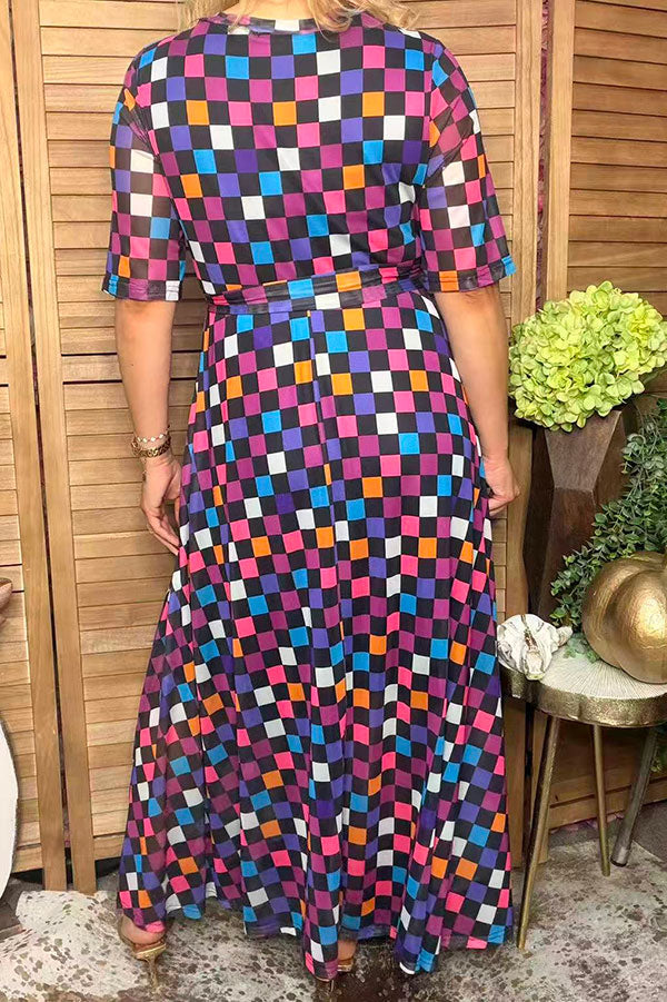 Western multi color checkered sheer maxi women boutique dress Southern Stitch HQ17577