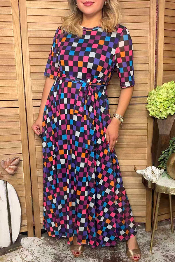Western multi color checkered sheer maxi women boutique dress Southern Stitch HQ17577