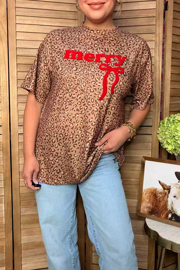 Western Merry & bow & leopard printed women's boutique top Southern Stitch HQ17592