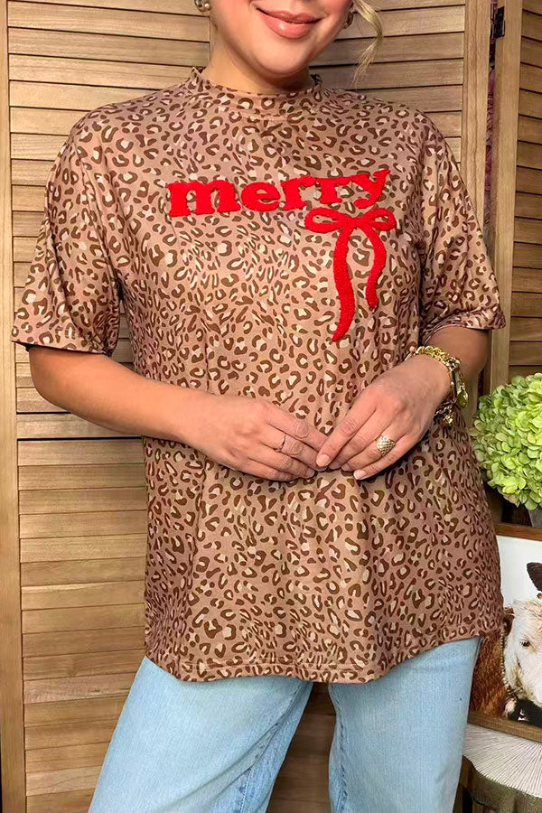 Western Merry & bow & leopard printed women's boutique top Southern Stitch HQ17592