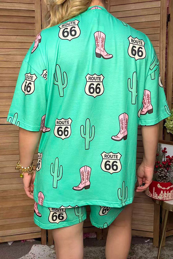 Western patterns mint short sleeve top & shorts women's boutique set Southern Stitch HQ17649