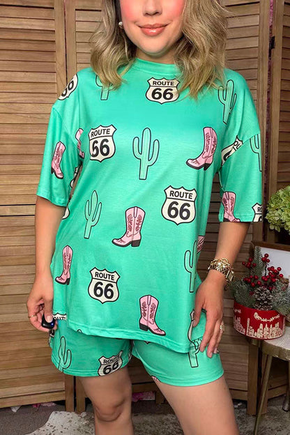 Western patterns mint short sleeve top & shorts women's boutique set Southern Stitch HQ17649