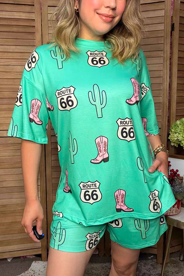 Western patterns mint short sleeve top & shorts women's boutique set Southern Stitch HQ17649