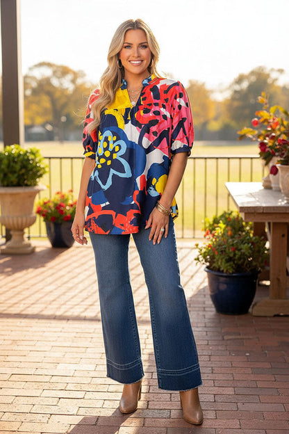 Western vibrant floral short sleeve women's boutique blouse Southern Stitch HQ17663