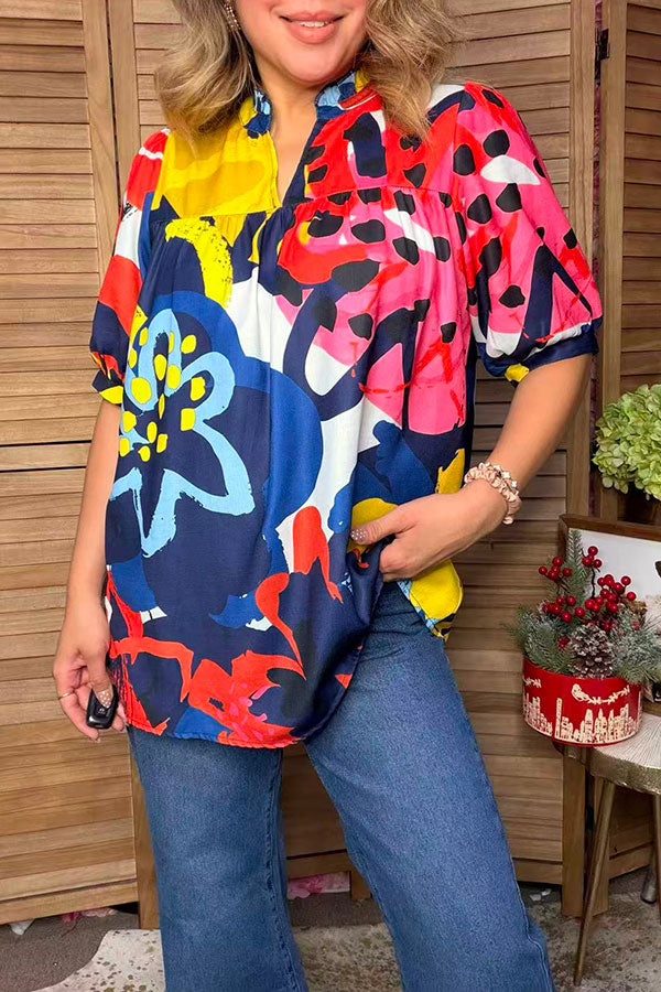 Western vibrant floral short sleeve women's boutique blouse Southern Stitch HQ17663