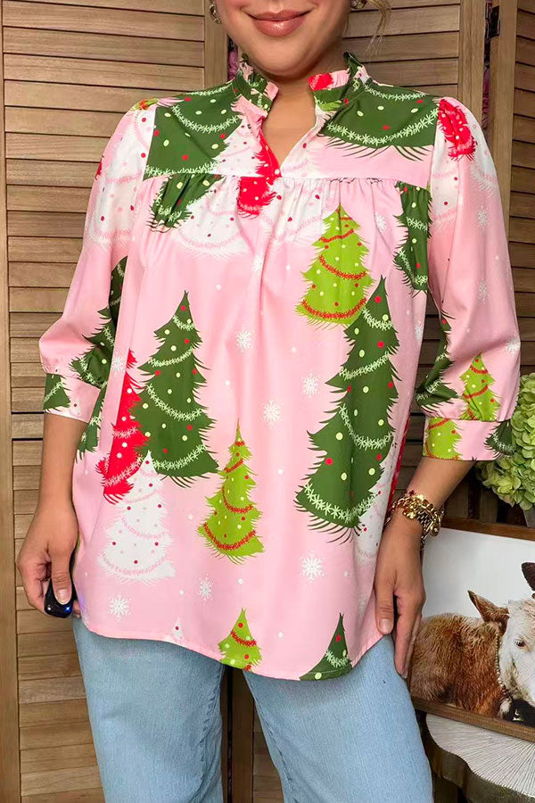 Christmas tree print pink baby doll women's boutique top Southern Stitch HQ17664