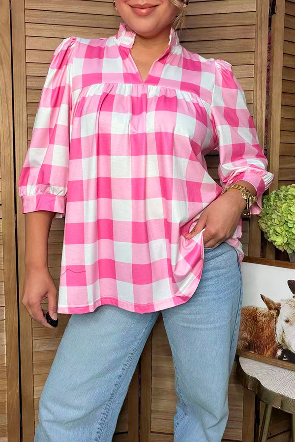 Western pink white checkered baby doll women's boutique top Southern Stitch HQ17666 FS4