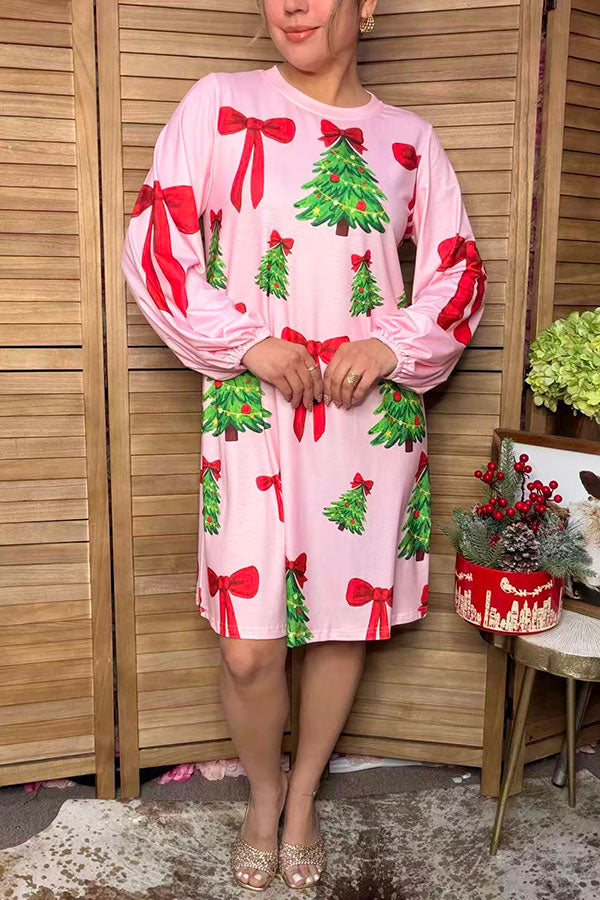 Christmas tree & red bow print balloon sleeves women's boutique dress Southern Stitch HQ17667