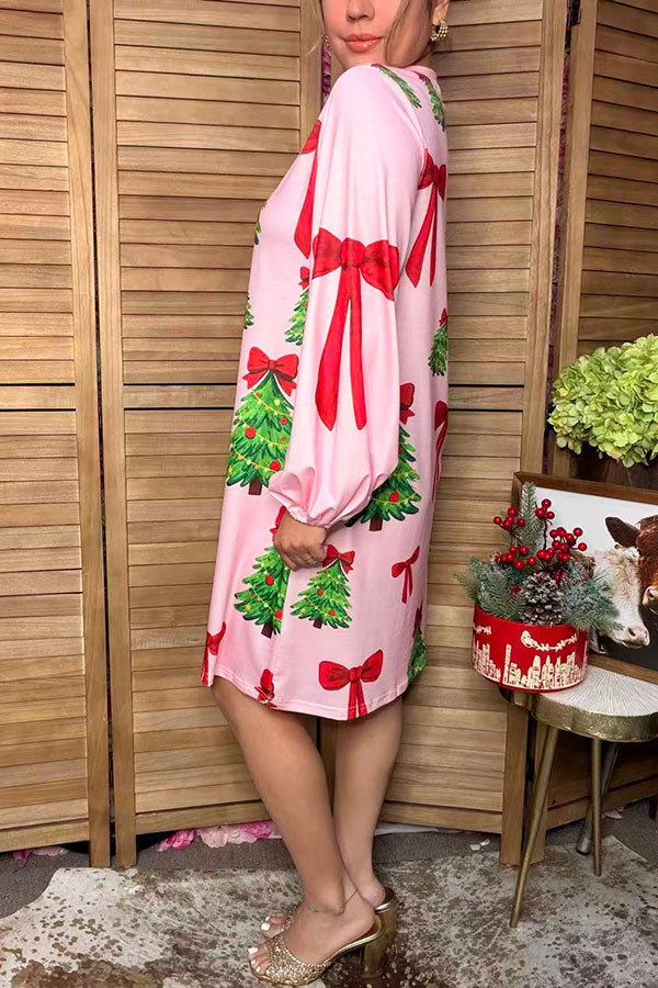 Christmas tree & red bow print balloon sleeves women's boutique dress Southern Stitch HQ17667