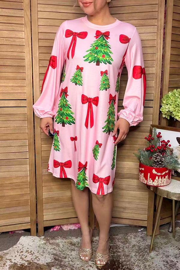 Christmas tree & red bow print balloon sleeves women's boutique dress Southern Stitch HQ17667