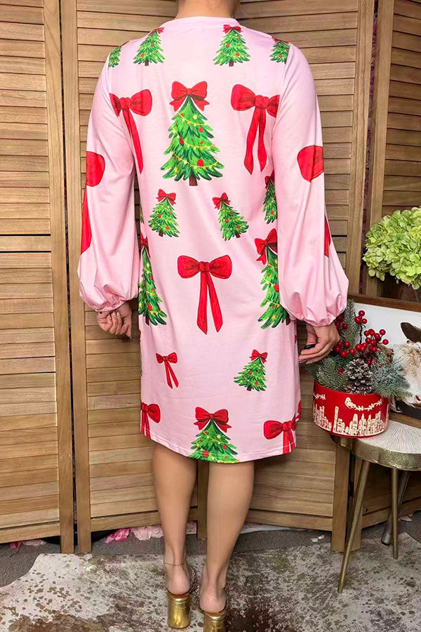 Christmas tree & red bow print balloon sleeves women's boutique dress Southern Stitch HQ17667