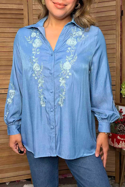 Western floral embroidery denim long sleeve women's boutique shirt Southern Stitch HQ17776