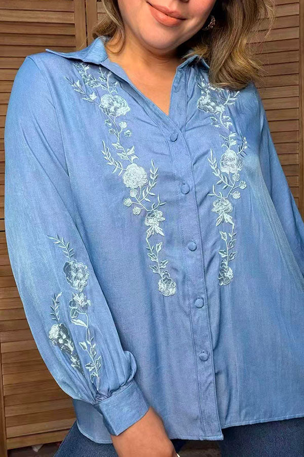 Western floral embroidery denim long sleeve women's boutique shirt Southern Stitch HQ17776