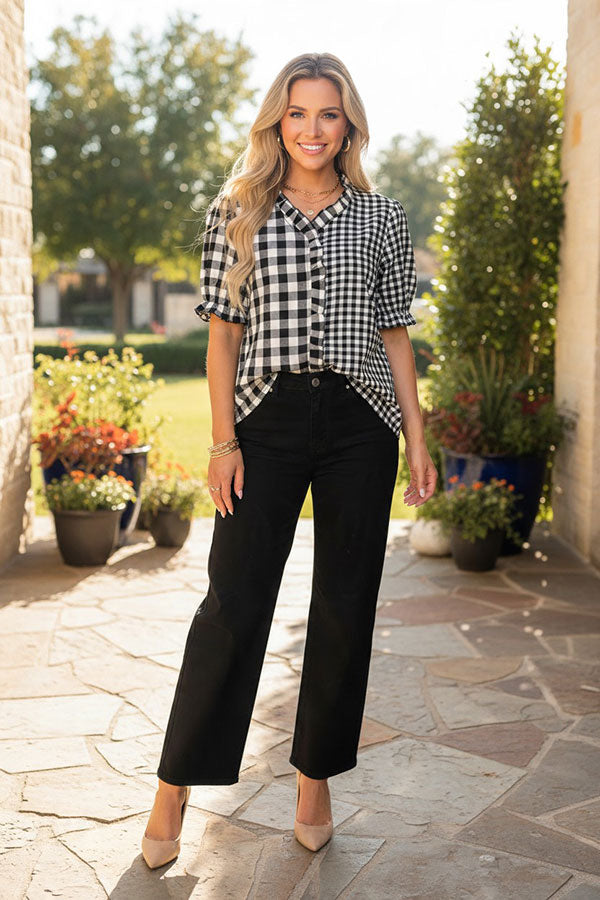 Western checkered patchwork ruffle short sleeve women's boutique blouse HQ17777