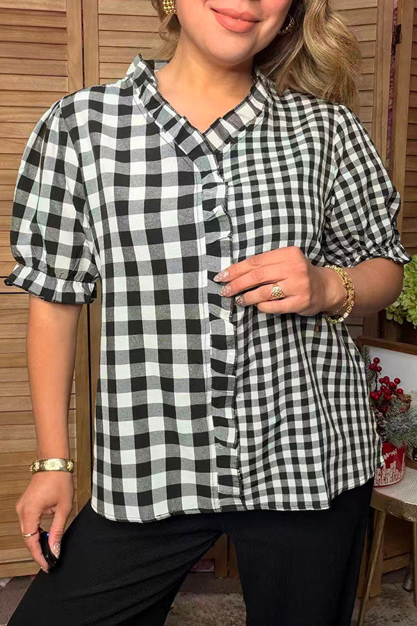 Western checkered patchwork ruffle short sleeve women's boutique blouse HQ17777