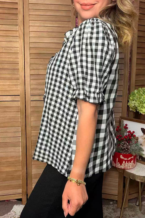 Western checkered patchwork ruffle short sleeve women's boutique blouse HQ17777