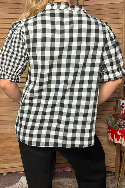 Western checkered patchwork ruffle short sleeve women's boutique blouse HQ17777