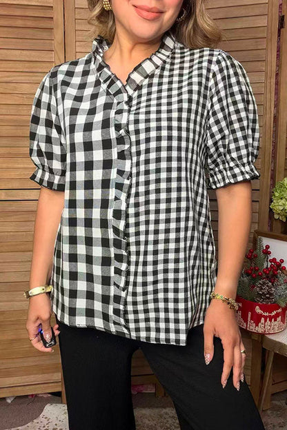 Western checkered patchwork ruffle short sleeve women's boutique blouse HQ17777