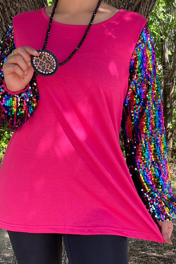 BQ13716 HOT PINK TOP W/ MULTI COLOR SEQUIN SLEEVES