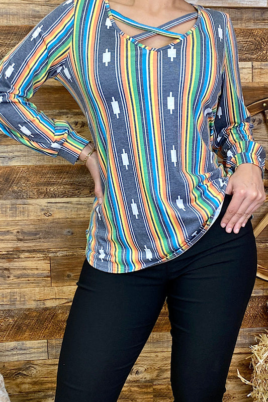 BQ8217 Serape long sleeve top w criss cross neckline