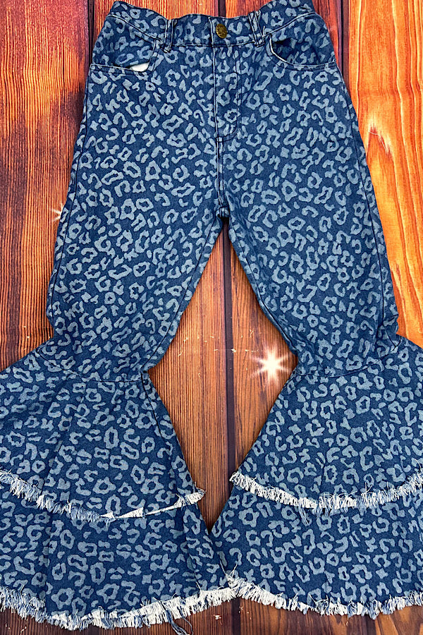 Leopard printed blue denim bell bottom girl jeans DLH2522