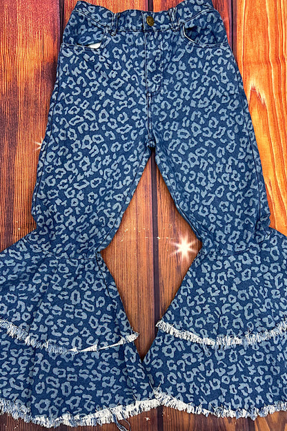 Leopard printed blue denim bell bottom girl jeans DLH2522