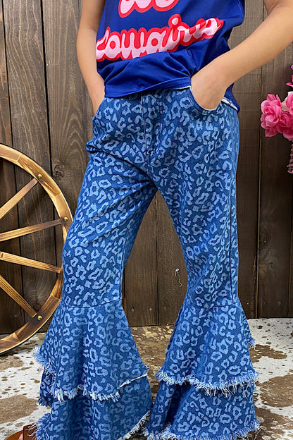 Leopard printed blue denim bell bottom girl jeans DLH2522