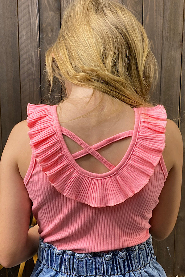 Western pink sleeveless girl boutique tank top w/ruffle & back cross line DLH2447