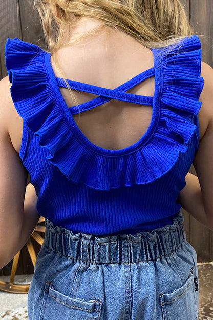 Chic Royal blue ruffle sleeveless boutique girls tank top DLH2449