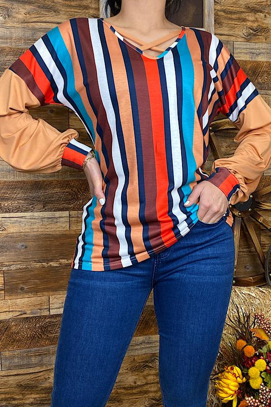 GJQ8144 Multi-color striped blouse w/bubble sleeves